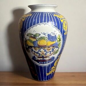 Chinoiserie Blue & Yellow Porcelain Vase with Fruit and Medallions